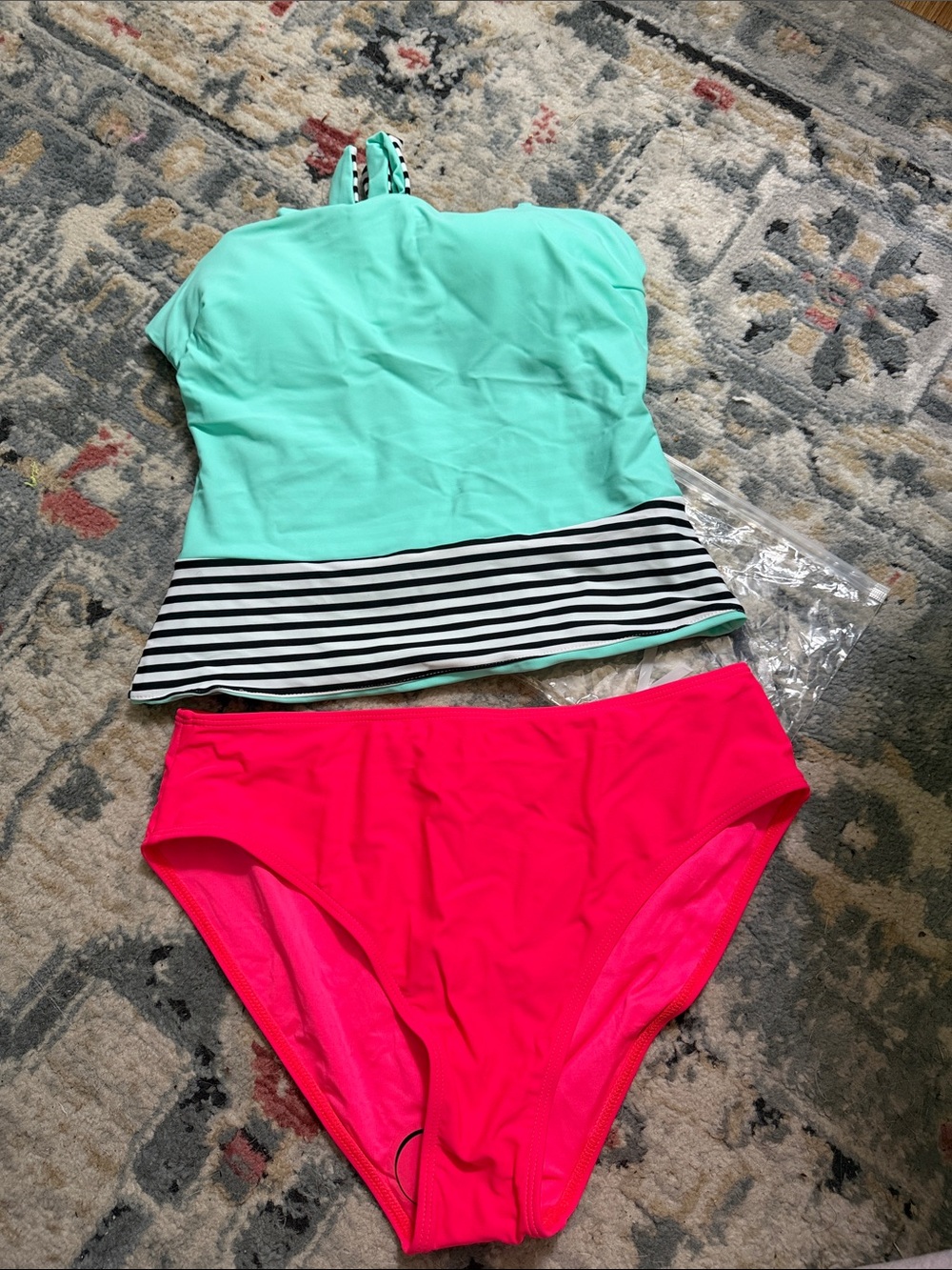 Mint & Hot Pink Two-Piece Women's Tankini Bikini M/L